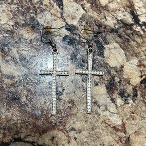 Western cross dangle earrings. Silver with rhinestones